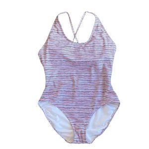 Gap Women's L One Piece Swimsuit Scoop Front Cross Back Stripe Red White Blue